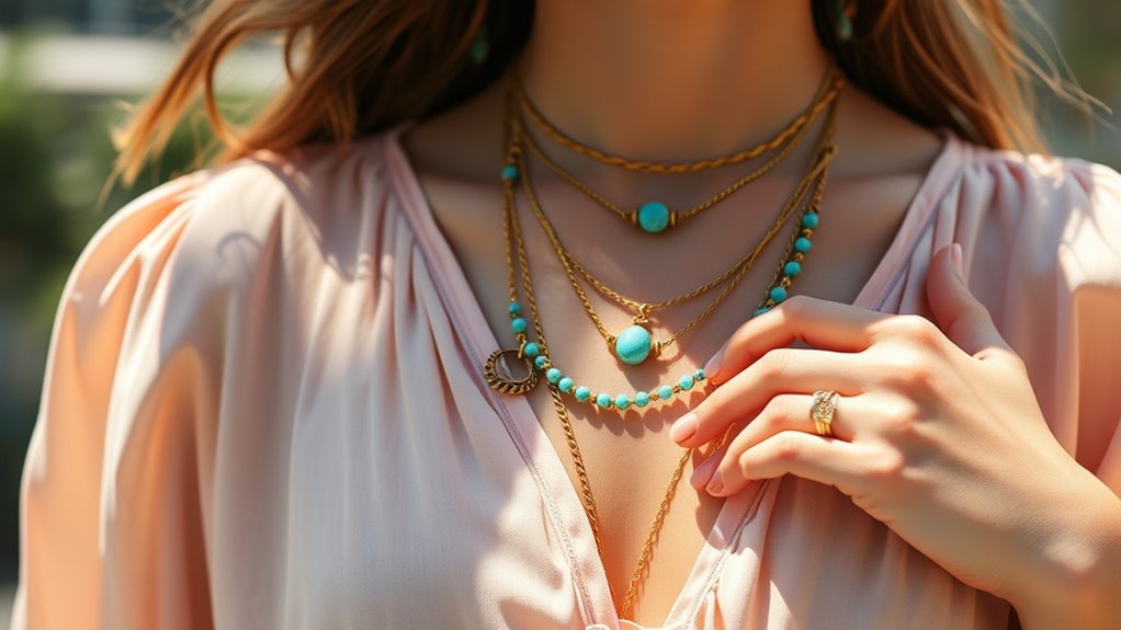 layered necklaces highlight collarbones
