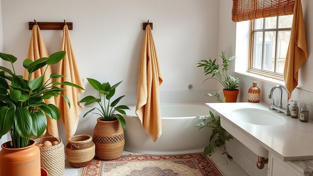 lush greenery enhances boho bathroom