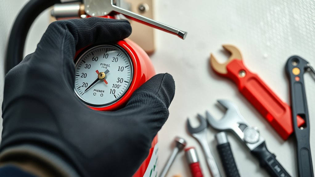 check extinguisher pressure and nozzle
