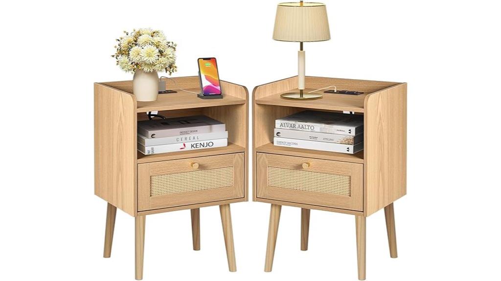 rattan bedside table with charging