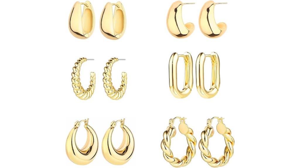 six pairs gold hoop earrings