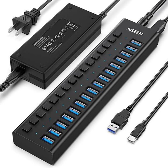 AGEEN 16-Port USB 3.2 Hub with Power and Surge Protection
