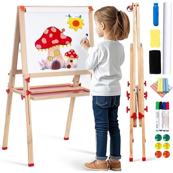 Wooden Adjustable Kids Easel with Paper Roll and Accessories