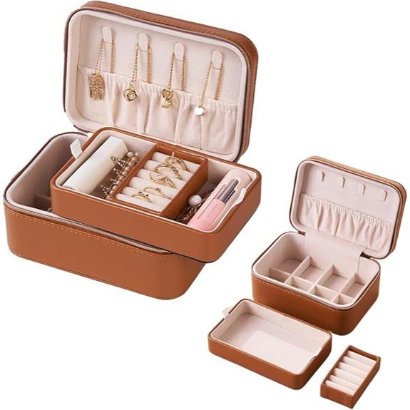 Brown Travel Jewelry Box with Double Zippers