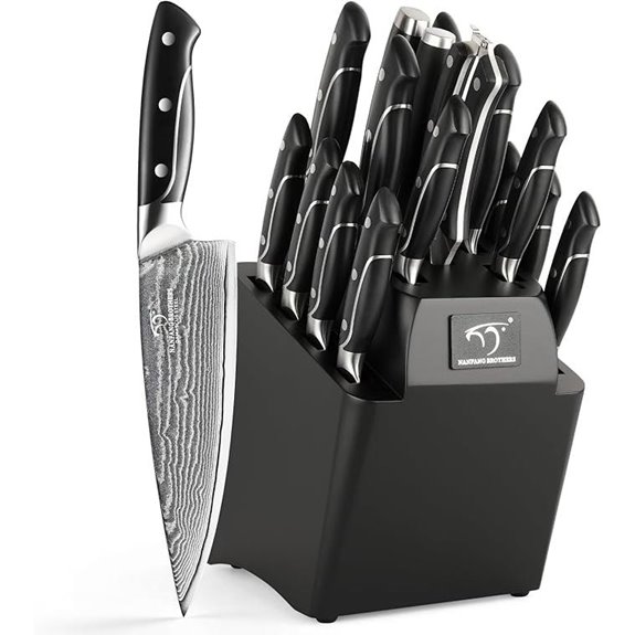 Damascus Kitchen Knife Set with Block and Accessories