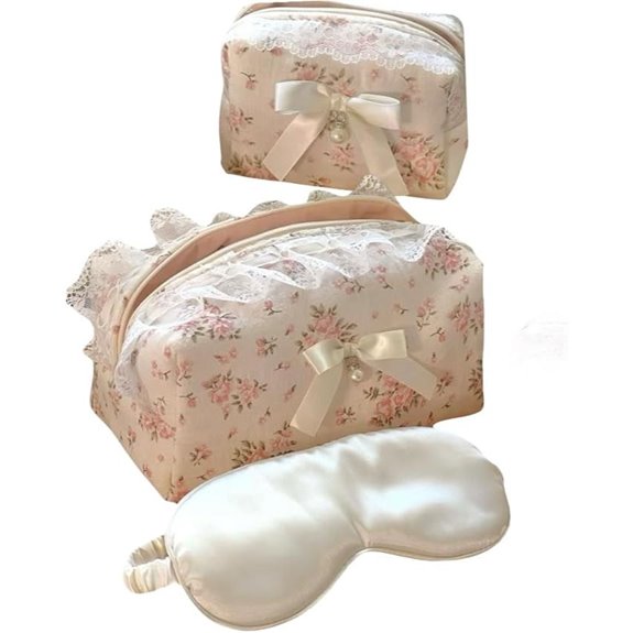 Floral Makeup Bag Set with Pearl Bow & Eye Mask