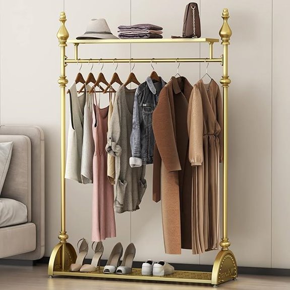 Industrial Gold Clothing Rack with Shelves and Wheels
