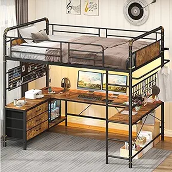 Industrial Twin Loft Bed with Desk Lights & Storage