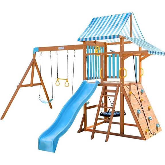 Teamson Kids Wooden Swing Set with Slide and Rock Wall