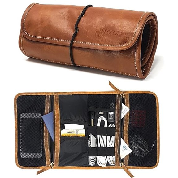 Rofozzi Leather Travel Tech Pouch with Zippered Pockets
