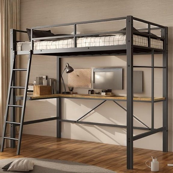 Metal Loft Bed with Desk and Guardrail