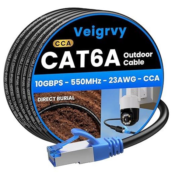 Cat6A Outdoor Ethernet Cable 100ft Waterproof PoE Supported
