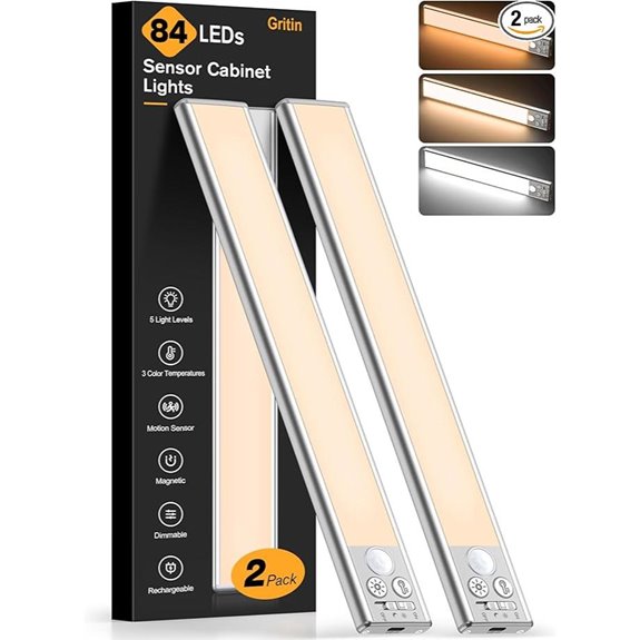 Gritin 10.2 Rechargeable Under Cabinet LED Lights (2 Pack)