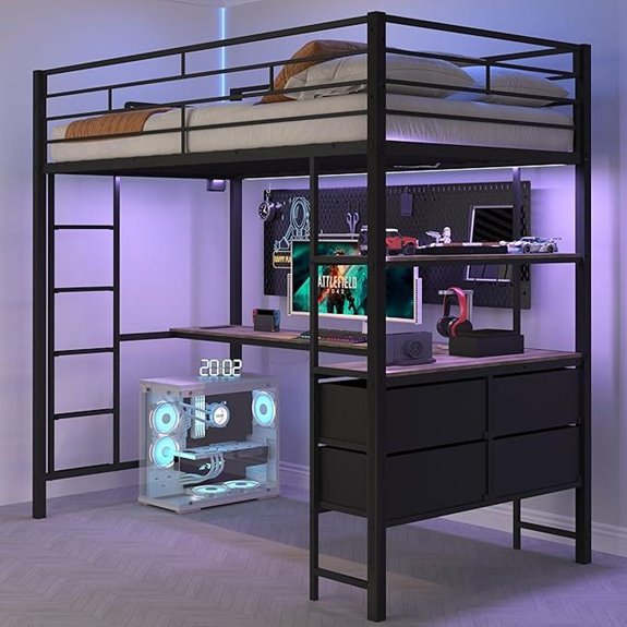 VINGLI Twin Loft Bed with Desk Shelves Lights