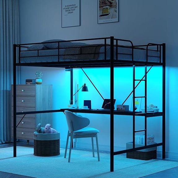 VINGLI Twin Metal Loft Bed with Desk & Lights