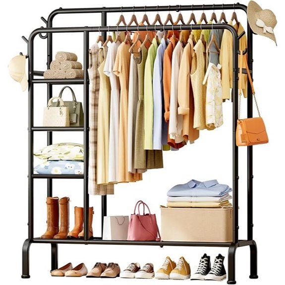 Double-Rod Clothing Rack with Hooks & Shelves
