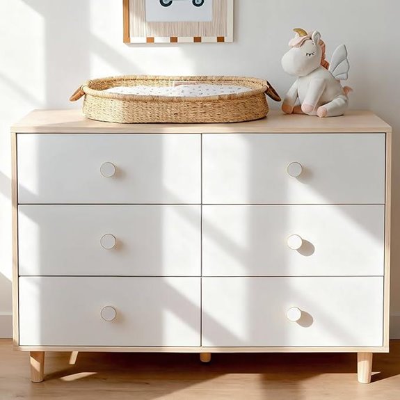 White 6-Drawer Dresser with Solid Wood Legs