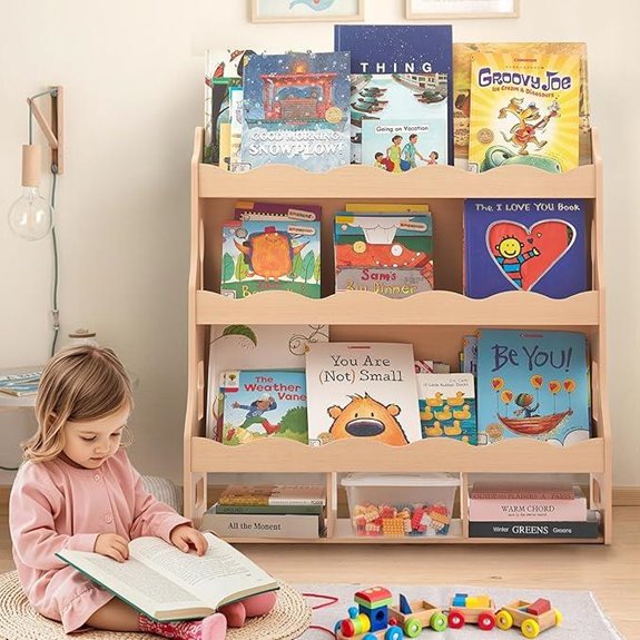 Wooden Kids Bookshelf with Bins for Nursery