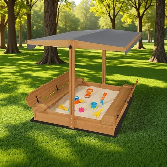 Large Wooden Outdoor Sandbox with Canopy and Seat