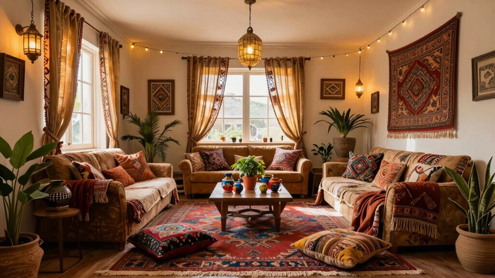 layered textiles and cozy lighting