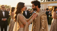 Halsey and Fiancé Avan Jogia Coordinate in Rahul Mishra Couture at Gold Gala