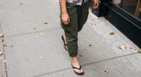 Jennifer Lawrence Brings Flip Flops Into Fall With Cargo Pants And A Semi-Sheer Cardigan